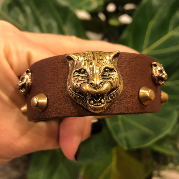 Gucci Feline Head Leather Bracelet in Brown - Picture 1 of 8